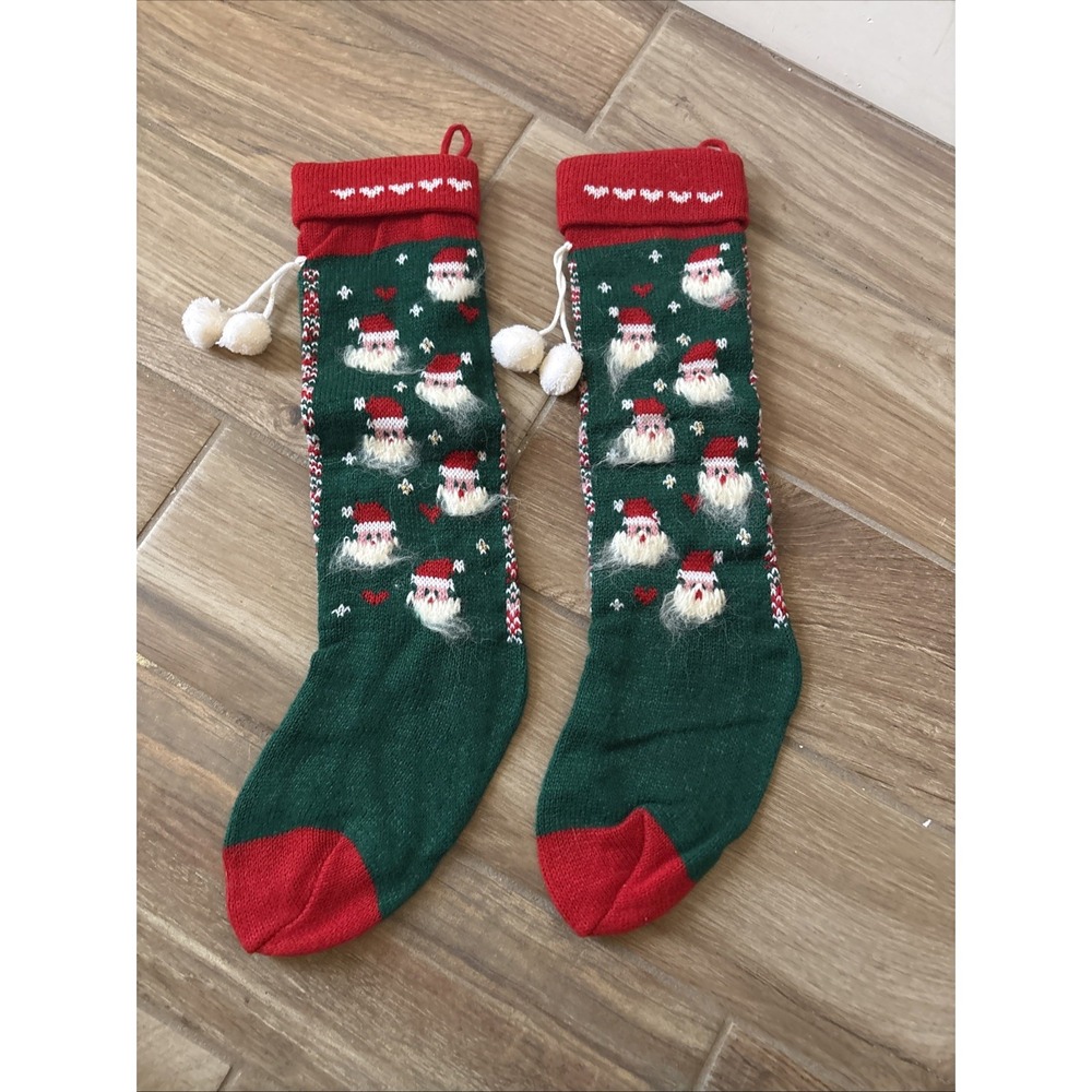 Lot Of 2 Vintage Christmas Knitted Stocking Santa Heads Red Green Pom Poms 21”